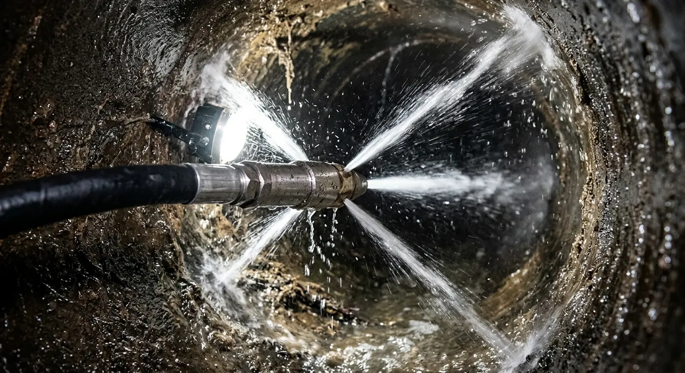 High-pressure hydro jetting nozzle cleaning sewer pipe for Sewer Cleanout in North Codorus