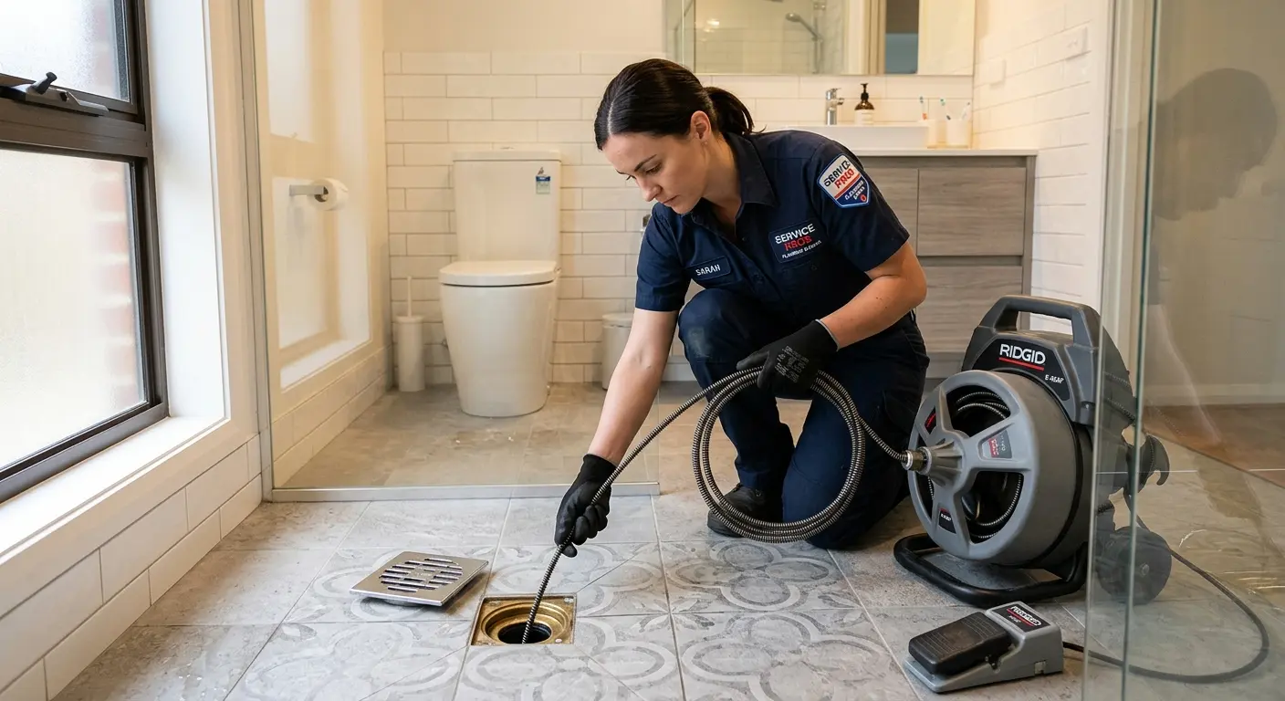 Technician clearing a bathroom floor drain for Clogged Drain Repair in North Codorus